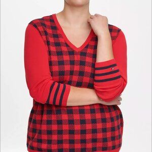 Tommy Hilfiger Sweater Size 0X PLUS Red Black Plaid V Neck Pull Over NWT